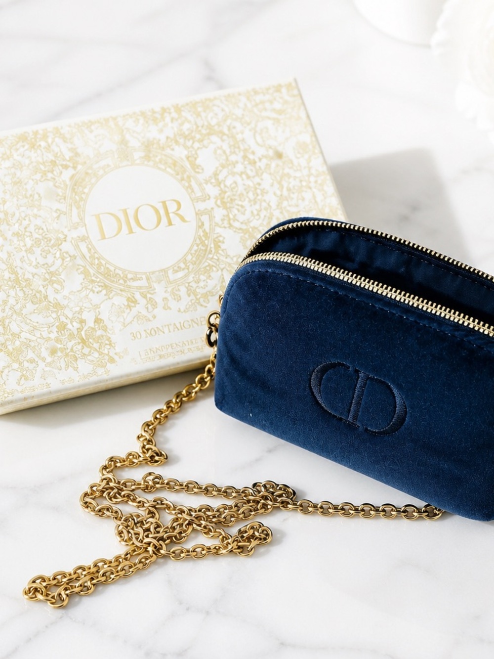 Dior Navy Velvet Crossbody with Gold Chain Strap